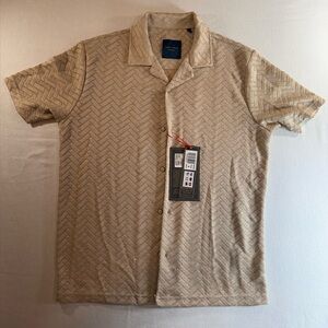 Guide London Men's Herringbone Button-Up Shirt Beige Short Sleeve Size S